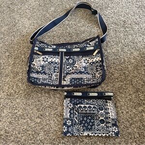 Lesportsac Navy and White Bandana-Print Crossbody with Zip Pouch